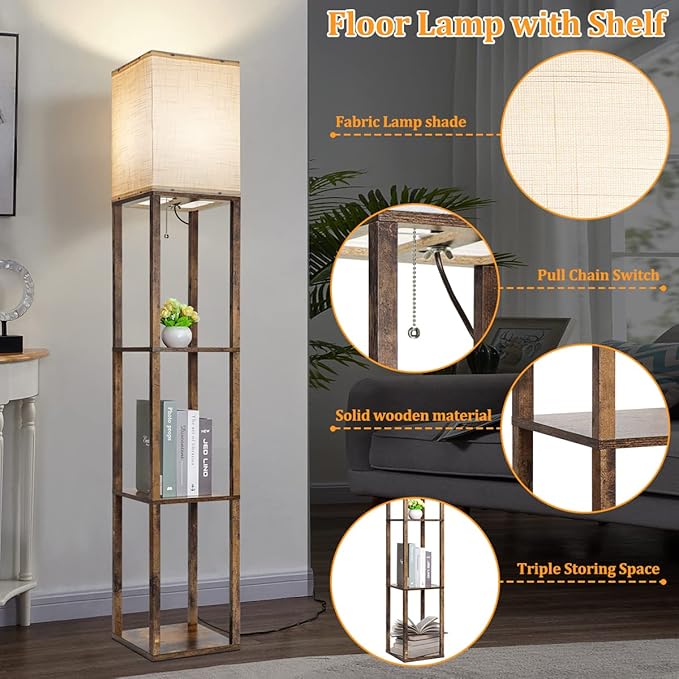 Dott Arts Floor Lamp with Shelves, 3 Color Temperature LED Bulb, Wood Texture, Storage, Brown