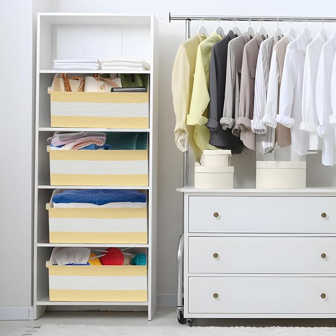 Linen Closet Organizers and Storage, Trapezoid Fabric Bins, Home Office Organization Baskets Striped Collapsible Box with Handles for Clothes, Blanket, Books, DVD, 4 Pack, Yellow/White