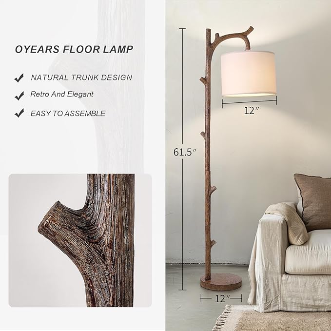 OYEARS Retro Farmhouse Floor Lamp for Living Room Rustic Standing Lamps Tree Trunk Deco Modern Country Vintage Wood Floor Lamp（Brown）