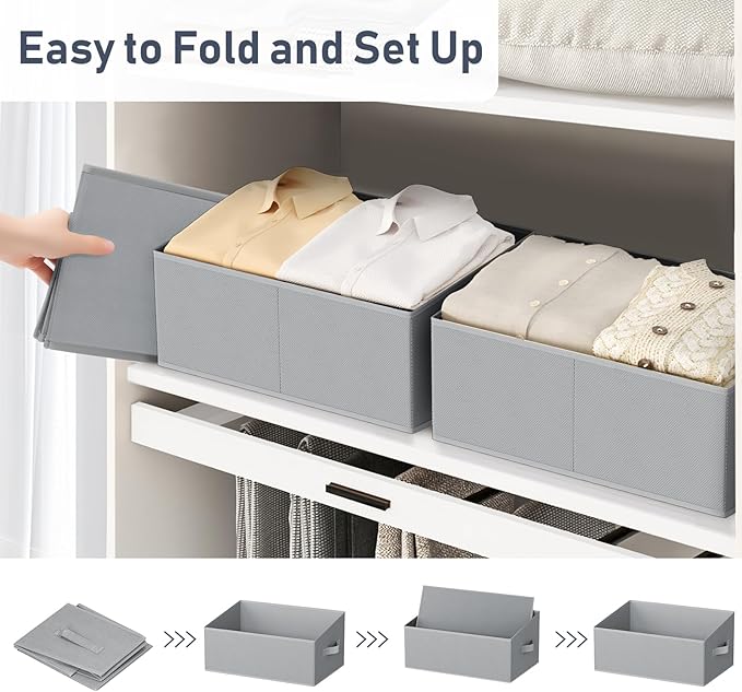 DIMJ Large Closet Storage Bins 8 Pack - Fabric Trapezoid Closet Organizer Bin, Foldable Storage Baskets for Shelves, Closet Shelf Organizer, Clothing Storage Box for Toys, Books, Towel, Clothes, Gray