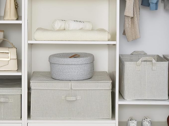 StorageWorks Extra Large Storage Bins with Lids, 55L Decorative Organizer with Divider Board, Fabric Boxes with Handles, Gray and White Stripes, 2-Pack