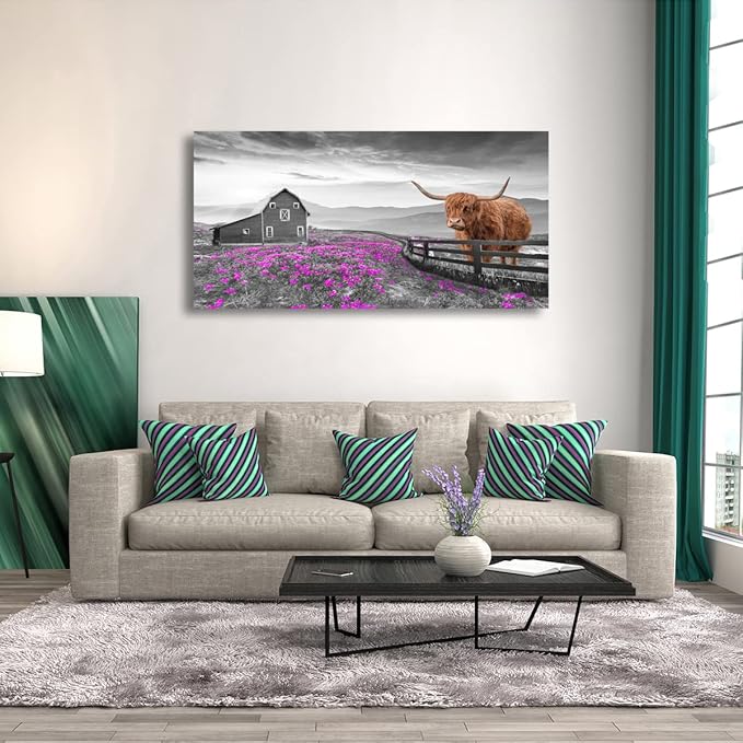 Highland Cow Pictures Canvas Wall Art for Living Room Home Wall Decor Black and White Background Animal Cow Purple Flowers Country Scenery Prints Painting for Bedroom Office Decoration 20x40 inches