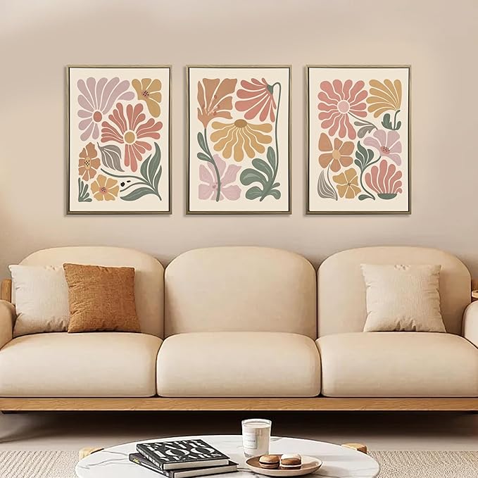 WRFON Boho Abstract Floral Canvas Wall Art, Flower Market Poster Prints, Minimalist Vibrant Botanical Aesthetic Pictures, Modern Nature Plant Wall Decor for Living Room Bedroom Framed 16"x24"x3