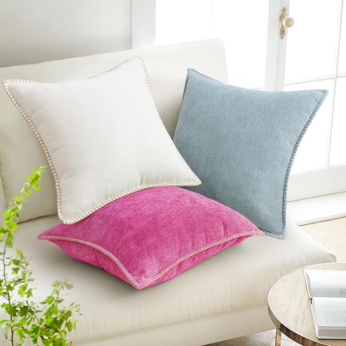 decorUhome Chenille Soft Throw Pillow Covers 20x20 Set of 2, Farmhouse Velvet Neutral Decorative Euro Pillow Covers with Stitched Edge for Couch Sofa Bed Home Decor, Hot Pink