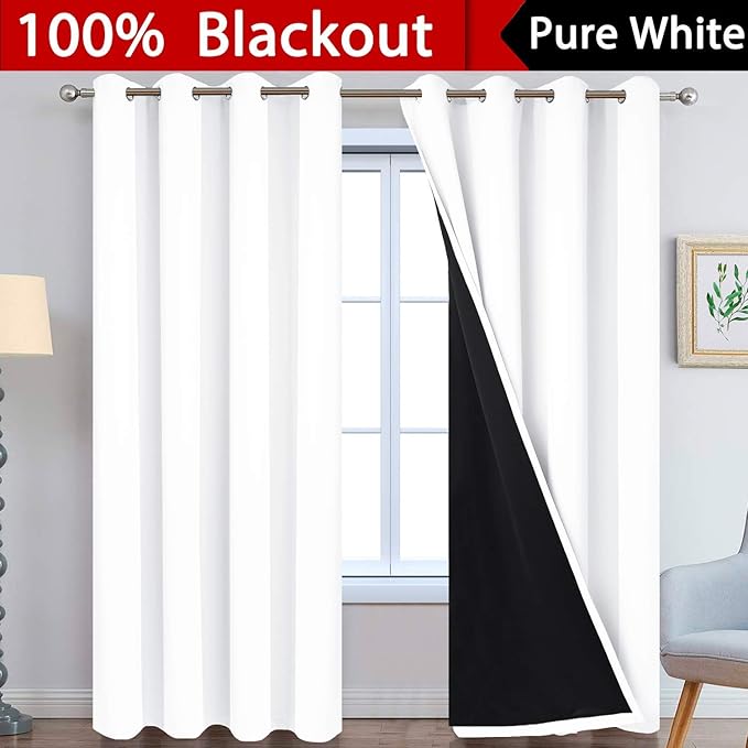 Yakamok 2 Thick Layers Pure White 100% Completely Blackout Curtains Thermal Insulated Room Darkening Drapes for Bedroom(52Wx84L, Pure White, One Pair)
