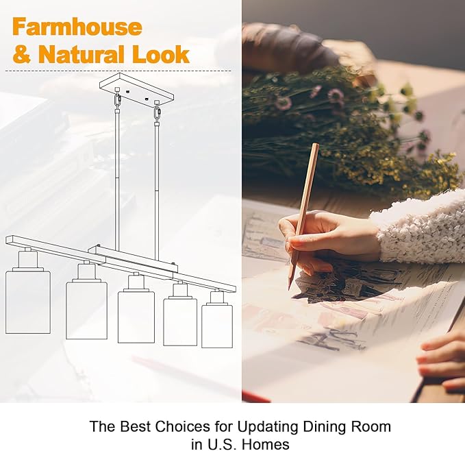 37" Farmhouse Dining Room Light Fixture Over Table, 5-Light Matte Black Wood Kitchen Island Lighting with Clear Glass Shade, Pendant Lights Linear Chandeliers for Dining Room Kitchen Island