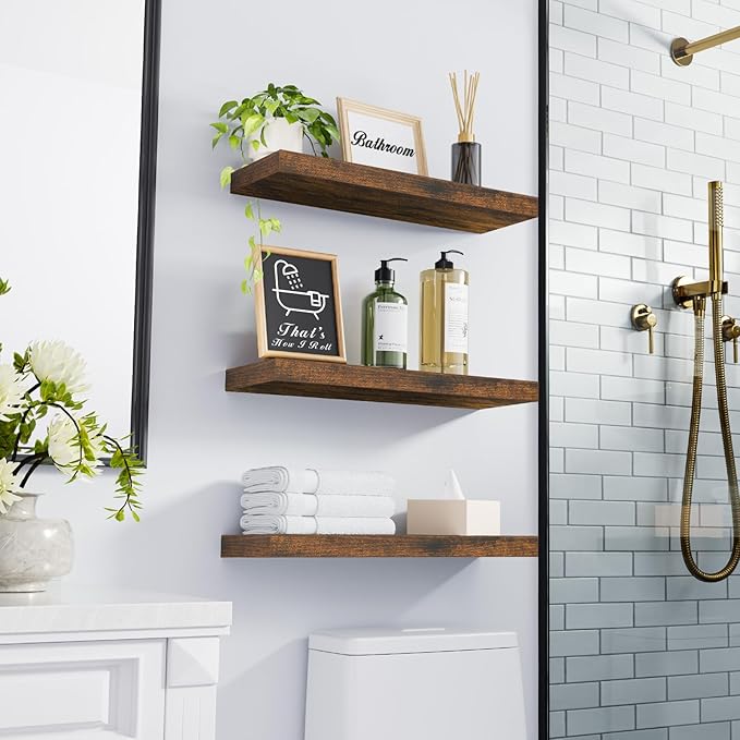 BAYKA Floating Shelves Bathroom for Wall – Shelf Over Toilet Farmhouse Rustic Wood for Bedroom, Kitchen, or Living Room Decor Organization, Fall Bathroom Decor Shelves – Rustic Brown, Set of 3