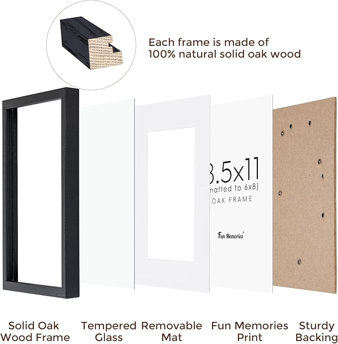 Black Picture Frame 8.5x11, Natural Oak Wood 8.5 x 11 Photo Frame, 8.5 by 11 Frame for Wall, 8.5x11 Picture Frame with Mat for 6x8, Tempered Real Glass, Black Color, Set of 1