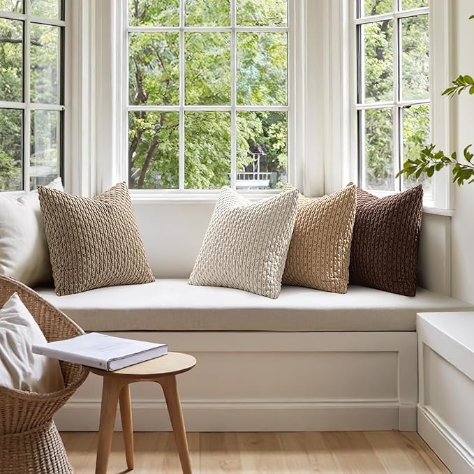 MIULEE Throw Pillow Covers Soft Couch Decorative Set of 4 Boho Striped Cushion Covers Corduroy Pillowcases Farmhouse Accent Home Decor for Fall Couch Bed Sofa Living Room 18x18 Inch Brown