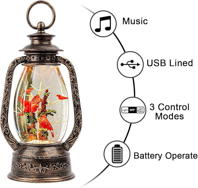 Christmas Snow Globe Lantern Water Glittering 12'' Cardinal with Music, USB Lined/Battery Operated Lighted Lantern for Christmas Festival Decoration Gifts