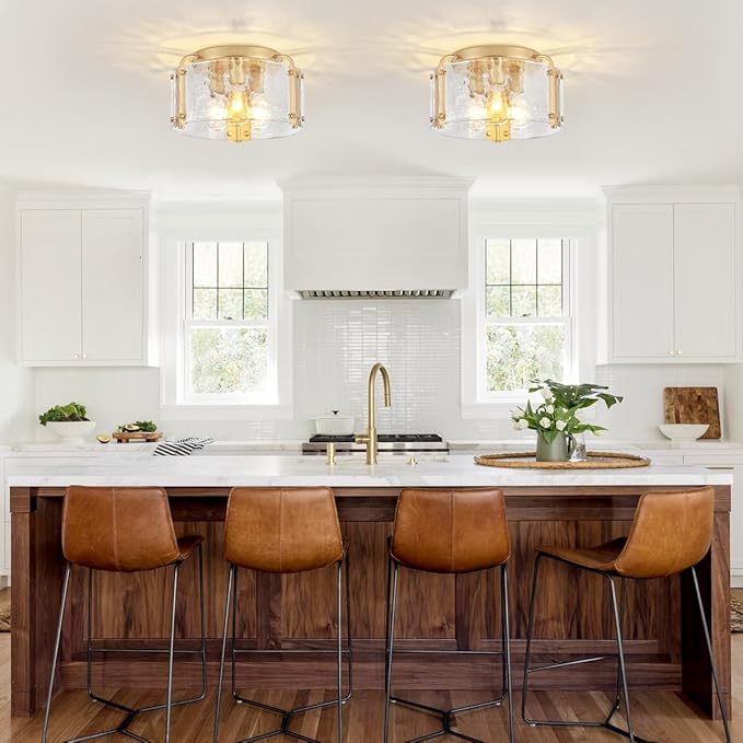 TOULMJ 15'' Semi Flush Mount Ceiling Light, Gold Morden Hallway Light Fixture 3-Light Ceiling Light Fixture with Seeded Glass Shade for Dining Room Hallway Entryway Bedroom Laundry Room