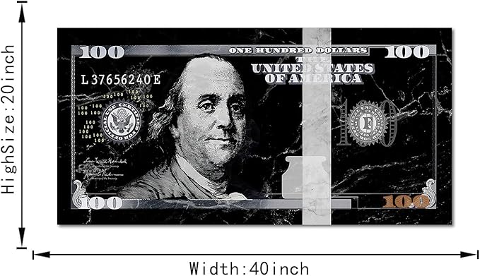 Modern Home Office Artwork Motivational Framed Benjamin Franklin 100 USD Dollar Artwork Black and White Nordic Western Paintings for Living Room Bedroom Wall Decor Wooden Framed Easy to Hang-40"Wx20"H