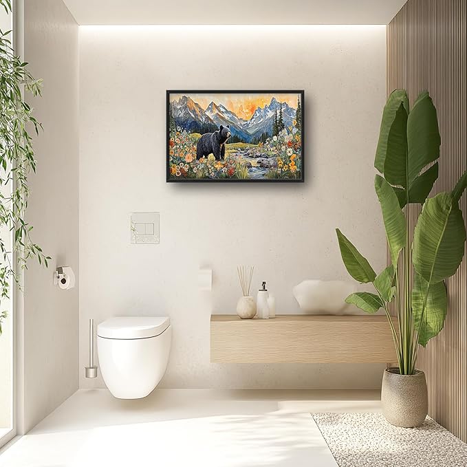 Extra Large Framed Abstract Black Bear Mountain Wall Art,Colorful Wildflower Forest Landscape Wall Decor Pictures for Living Room,Canvas Print Painting Modern Artwork Bedroom Office Bathroom 36L x24W