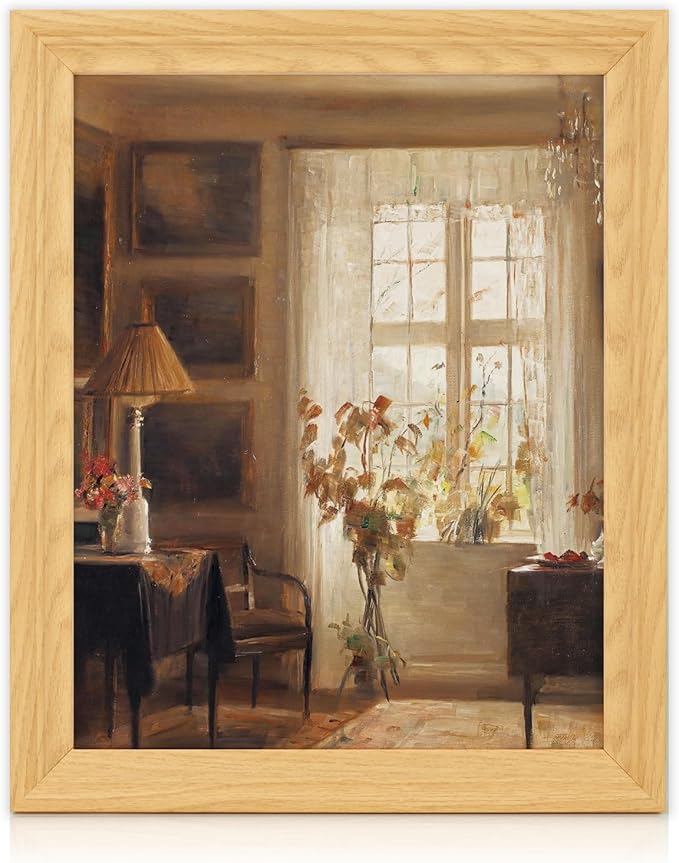 Brivoria Framed Canvas Wall Art Vintage Decor, Realistic Scandinavian Interior with Sunlit Window, Chair, Greenery and Autumn Light for Hallway Reading Nook Bathroom or Cozy Nature Display, 13"x16"