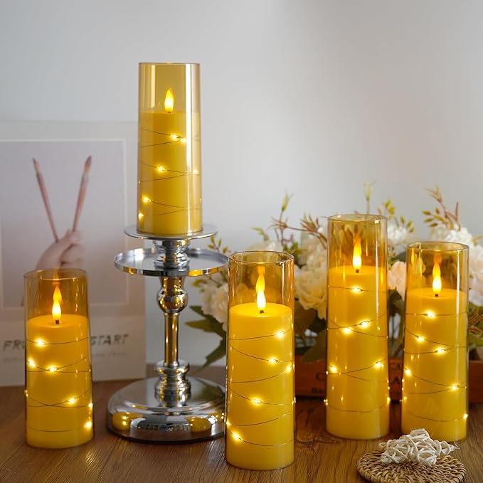 Flameless Candles,with Embedded Star String, Battery Operated Candles Flickering LED Pillar Candles with Remote Control and Timer, Home Decoration Add a Warm and Romantic Atmosphere，Set of 7 (Gold)