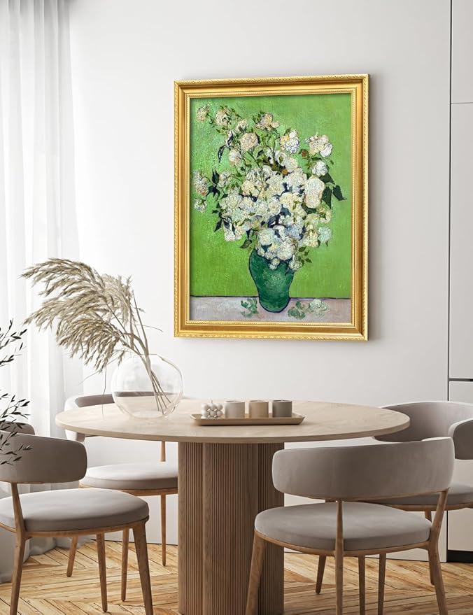 DECORARTS - Vincent van Gogh's Pink Roses in a Vase, Museum-Quality Giclee Canvas Print in Gold Solid Wood Frame, 34.75 x 28.75 in, Ready to Hang, Made in USA