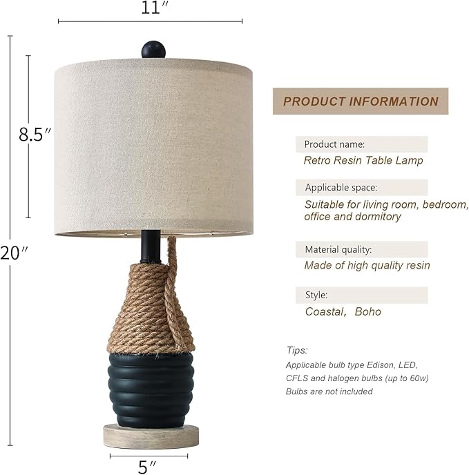 OYEARS 20" Table Lamp for Bedroom, Bedside Table Lamp for Living Room, Small Farmhouse Lamps for Nightstand, Coastal Nautical Lamp Deco, Ocean Lamp Beach Vintage Retro Style, Navy Blue