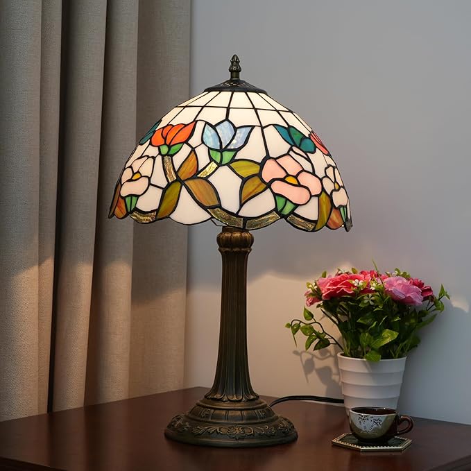 Tiffany Stained Glass Table Lamp, 12 Inch Pastoral Style Morning Glory Design Bedside Lamp, Suitable for Bedroom, Dining Room and Other Home Decoration Art (Pink, Blue and Orange)