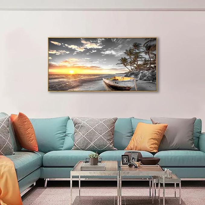 Beach Wall Art Sunset Seascape Pictures Bedroom Decor Boat Tree Ocean Landscape Canvas Wall Art for Living Room Office Natural Scenery Artwork 20 * 40inch