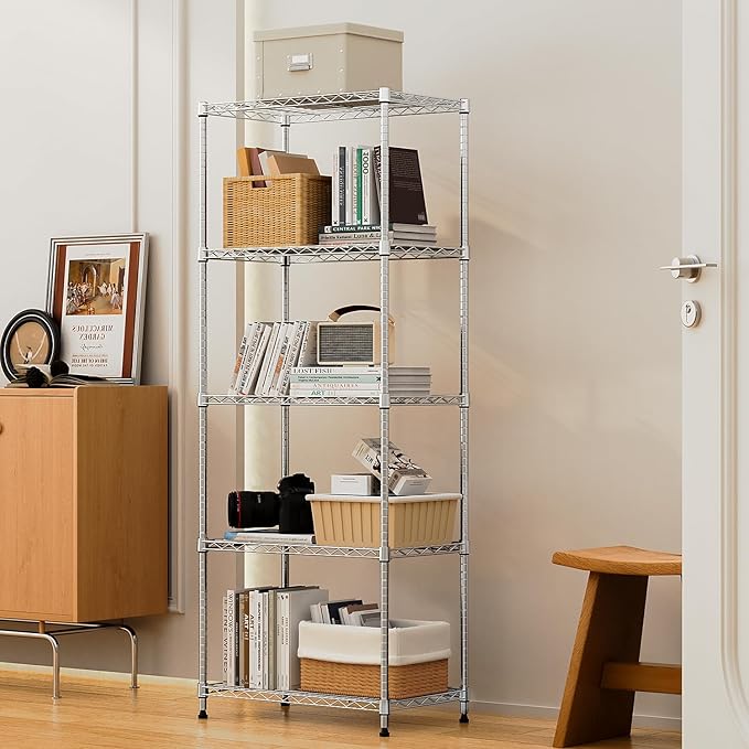 1250 lbs 5 Tier Shelf Metal Storage Shelves Wire Rack Closet Organizers with Wheel for Garage Kitchen Bathroom Laundry Chrome 13.7" D x 23.6" W x 62.4" H