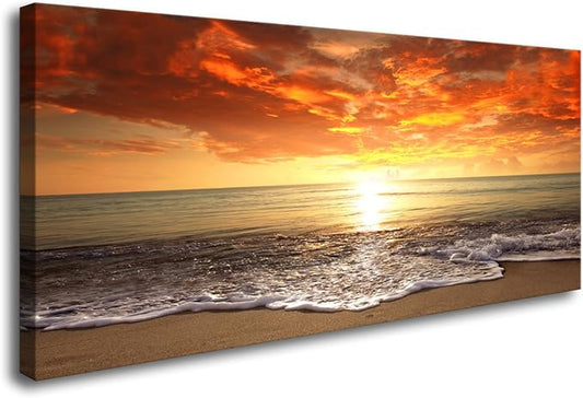 Baisuart-S0150 Canvas Prints Wall Art Sunset Ocean Beach Pictures Photo Paintings for Living Room Bedroom Home Decorations Modern Stretched and Framed Seascape Waves Landscape Giclee Artwork