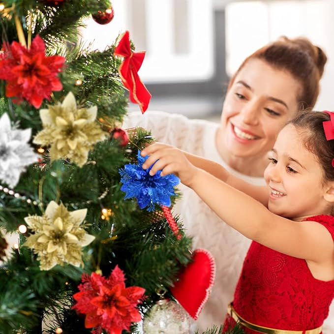 Christmas Poinsettia Artificial Flowers Decorations 5.5" Christmas Tree Wreaths Garland Decoration 12 Pcs Glitter Flowers Picks Decor for Xmas New Year Wedding Party Ornaments (Silver)