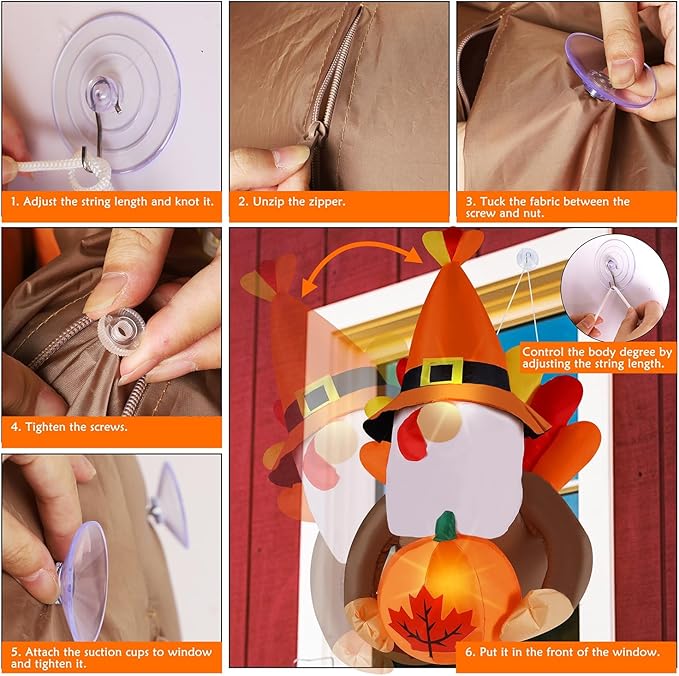 Juegoal Fall Decor Window Inflatable Gnome, 3.5FT Light Up Thanksgiving Gnome with Turkey Wings Holds Pumpkin, Animated Autumn Harvest Front Door Roof Prop, Outdoor Indoor Holiday Party Blow up Decor