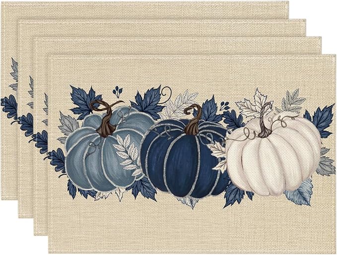 Artoid Mode Navy Blue Pumpkins Fall Placemats Set of 4, 12x18 Inch Autumn Thanksgiving Watercolor Table Mats for Dining Party Decoration