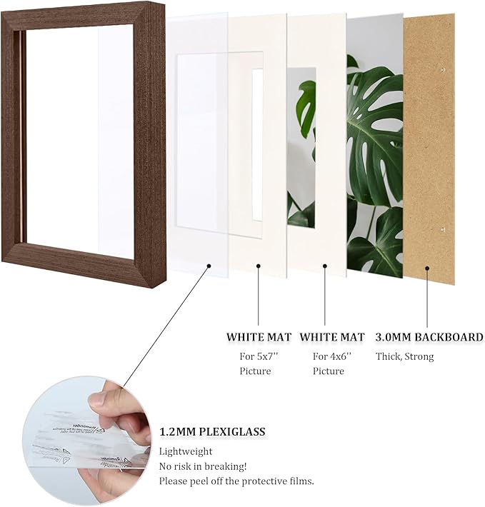 Egofine 6x8 Picture Frames Set of 4, Made of Solid Wood Covered by Plexiglass 4x6 and 5x7 with Mat or 6x8 without Mat, for Table Top Display and Wall Mounting Photo Frame Brown