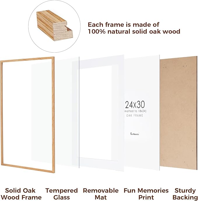 24x30 Oak Wood Picture Frame, 24"x30" Poster Frame for Wall, Rustic Wood Frame 24x30 with Real Glass, 24 x 30 Frame with Mat for 18 x 24, 24x30 Picture Frame for Wall (Beige Oak Color, 1 Pack)