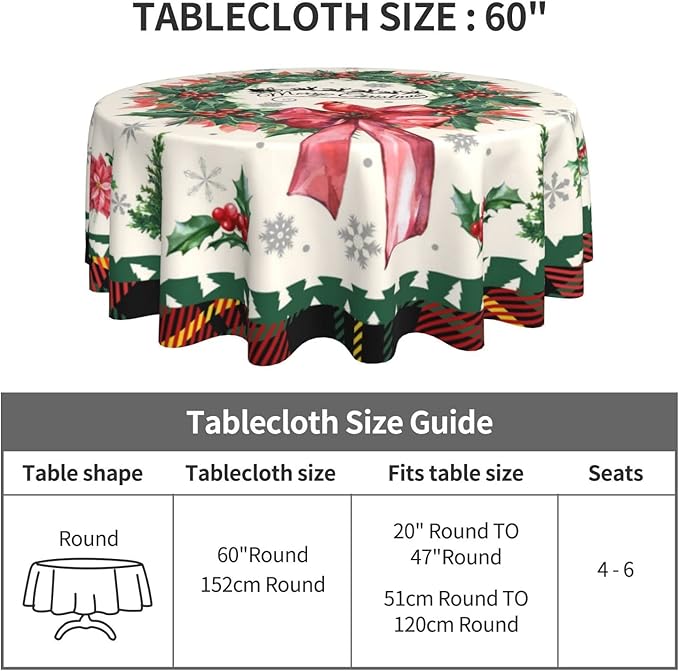 Kawani Merry Christmas Tablecloth Round 60 Inch Ruitic Red Buffalo Plaid Xmas Table Cloth Waterproof Farmhouse Flower Bird Tablecloths Decorative for Holiday Home Party Wedding Picnic