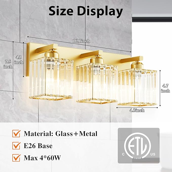 Bathroom Vanity Light Fixtures Over Mirror - Makeup Lighting Pure Gold - for Modern Wall, Bath, Desk, Farmhouse, Hallway 3 Crystal Lights
