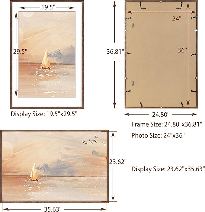 24x36 Picture Frame, 24x36 Poster Frame - Solid Oak Wood & Tempered Real Glass, Large 24 x 36 Frame for Wall, Rustic Wooden 24 by 36 Frame, 24x36 Frame with Mat for 20x30, Walnut Color