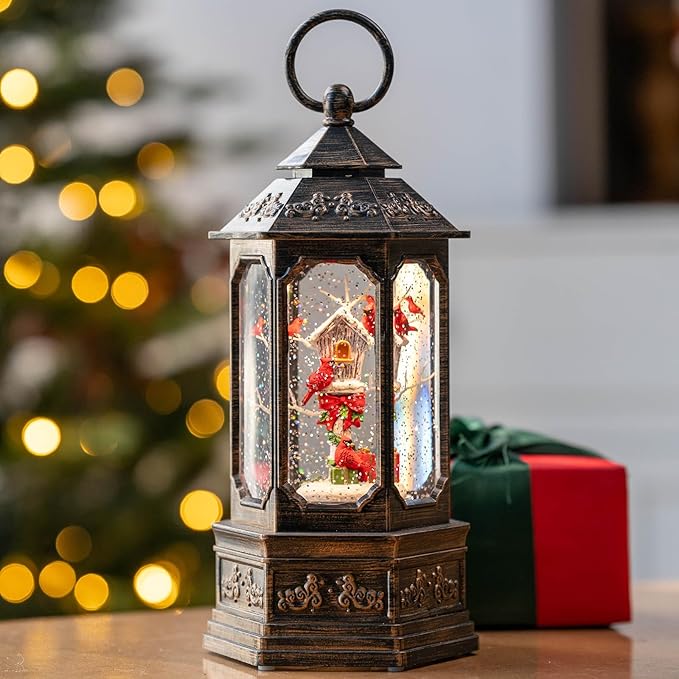 Musical Snow Globe Lantern Lighted Cardinal & Birdhouse Christmas Snow Water Lantern Swirling Glittering Home Decoration and Gift, Battery Operated or USB Powered