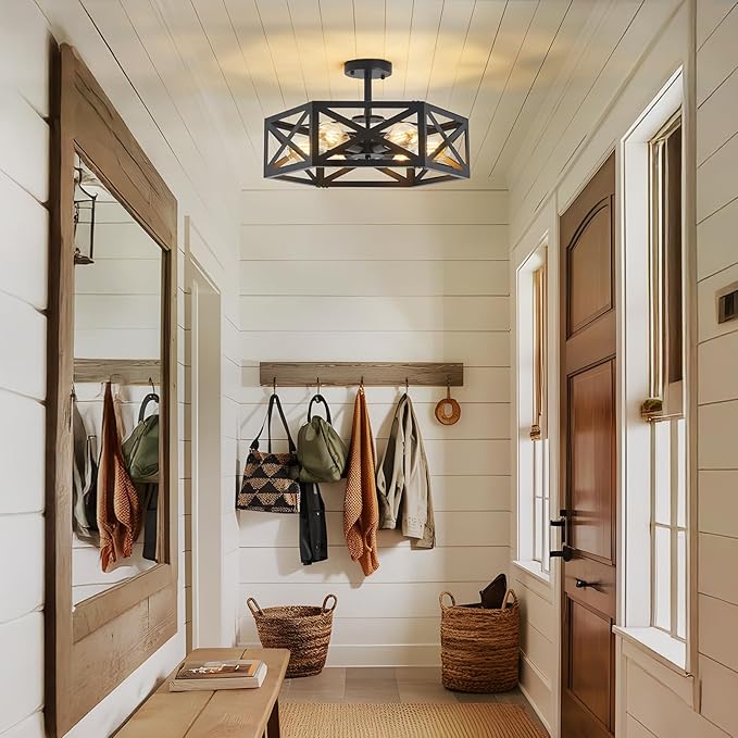 Modern Semi Flush Mount Ceiling Light,19.7" 6-Light Hexagon Flush Mount Ceiling Lights for Dining Room Light Fixture,Farmhouse Black Metal Kitchen Island Lighting Fixtures for Hallway,Bathroom