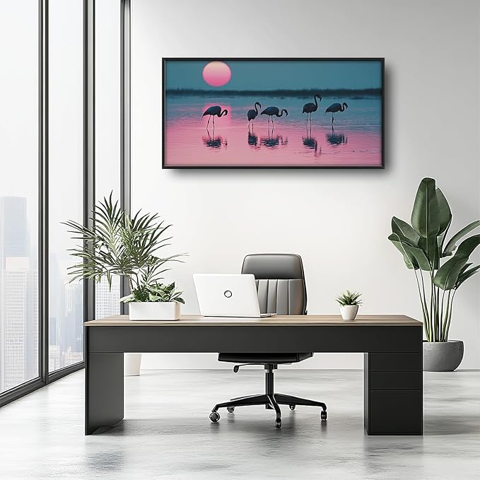 Olivine Flamingo Wall Art, Sunset Pictures Wall Decor, Beach Painting, Tropical Animal Canvas Prints, Framed Artwork for Bathroom Bedroom Living Room Office Home Decoration 60"x30"