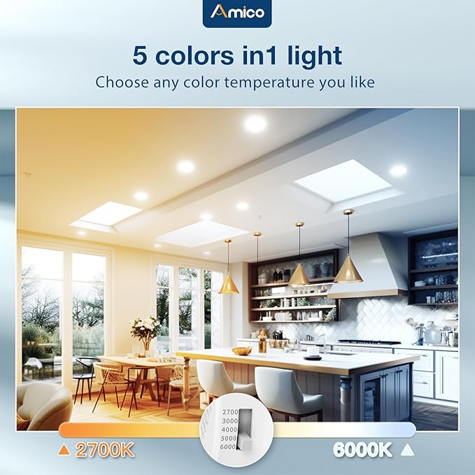 Amico 4 Inch 5CCT LED Recessed Lighting 12 Pack, 700LM Flat Can Lights, Dimmable, IC Rated, 7W Eqv 60W, 2700K/3000K/4000K/5000K/6000K Selectable, Retrofit Installation- ETL Listed