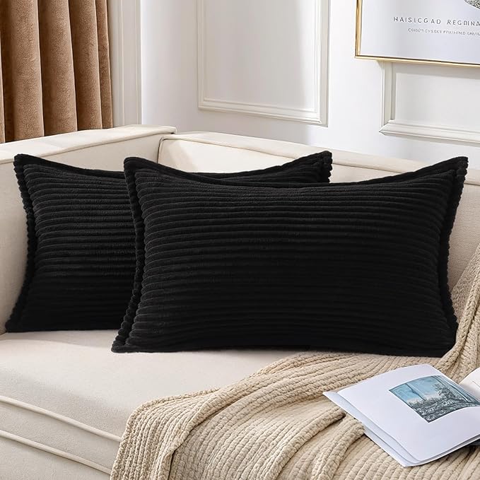 Mecatny Corduroy Throw Pillow Covers 12x20 Set of 2, Neutral Decorative Soft Boho Lumbar Couch Pillow Covers with Broadside for Sofa Living Room, Black