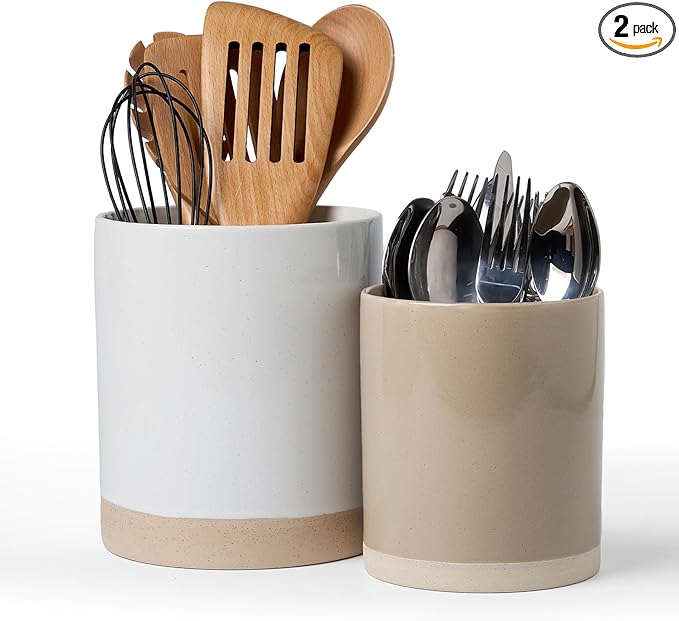 famiware Milkyway Kitchen Utensil Holder for Countertop, Ceramic Cooking Utensil Crocks for Kitchen Counter, Utensil Organizer for Spatula & Spoon, Set of 2, White and Cinnamon Brown