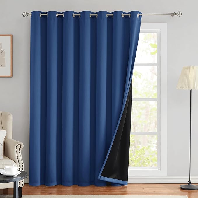 Beauoop 100% Blackout Curtains 84 Inches Long for Patio Sliding Door Blue Solid Extra Wide Room Darkening Thermal Insulated Room Divider Soundproof Grommet Window Treatment Drapes,100x84 Set of 1