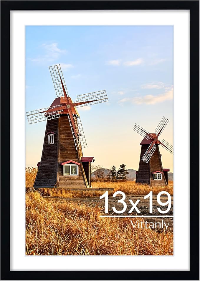 Vittanly 13x19 Picture Frame with Plexiglass - Large Black Poster Frame for Wall Display - Includes 11x17 Mat, Made of Durable PVC Design - 1 Pack