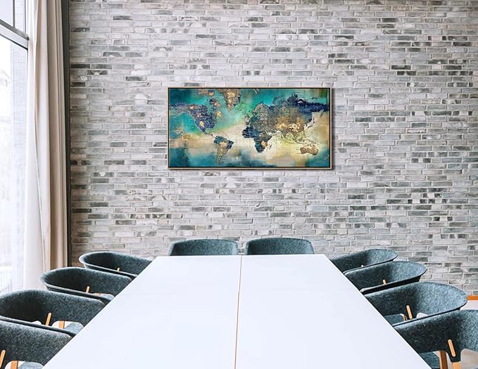 Large World Map Canvas Prints Framed Wall Art for Living Room Office 24x48 Green World Map Picture Artwork Decor for Home Decoration(With Soild Wood Dark Framed)