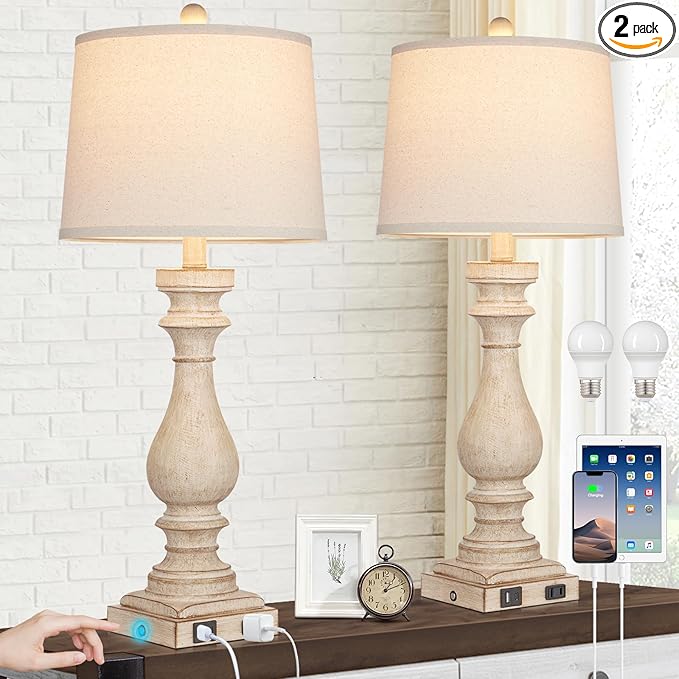 29" Tall Table Lamp for Living Room Set of 2,Vintage Bedside Nightstand Lamps with USB C+A Ports & AC Outlet,3-Way Dimmable Touch Control Desk Lamp for Bedroom,Color 1