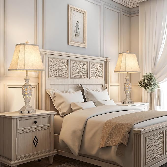 29.5"H Touch Control Traditional Table Lamp Set of 2,Vintage Bedside Lamp Nightstand Lamps with Dual USB Ports,3-Way Dimmable Hollow Out Leafwork White Washed Finish Desk Lamps for Living Room,Bedroom