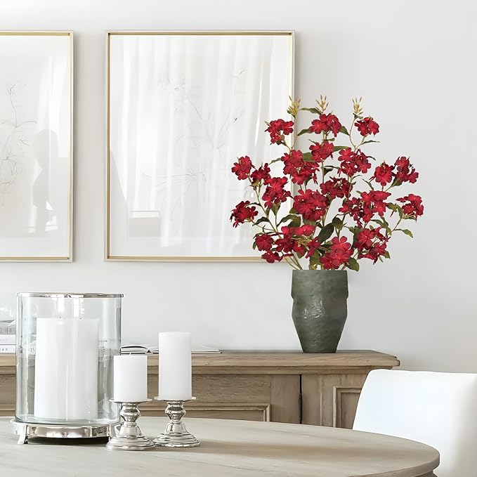 Briful Fall Artificial Hydrangea Flower Stems, 33.5" Silk Blossom Sprays with Bendable Stems, Set of 3 Faux Floral Branches for Tall Vase Arrangements, Burgundy