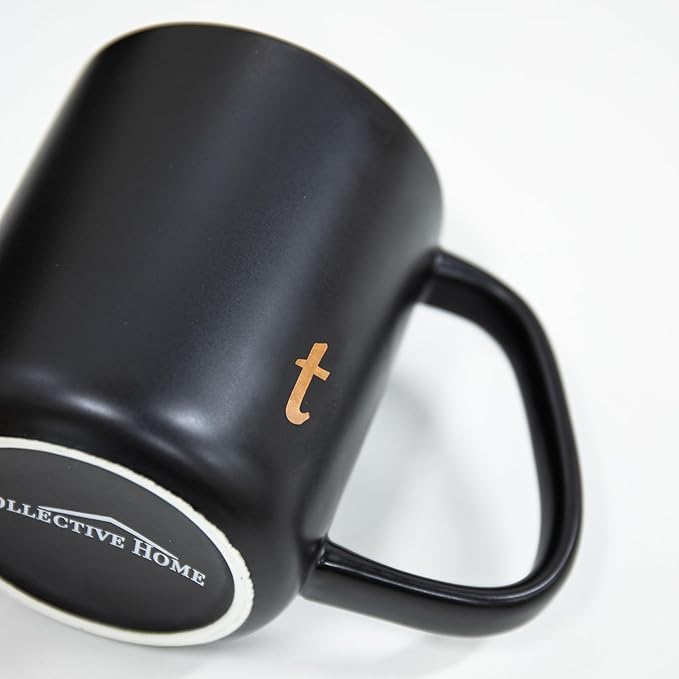 COLLECTIVE HOME - Ergonomic Handle Ceramic Mug, 15 oz Personalized Coffee Cup with Golden Initial, Microwave & Dishwasher Safe, Elegant Monogram Tea Mug in Gift Box for Home & Office (Black-t)