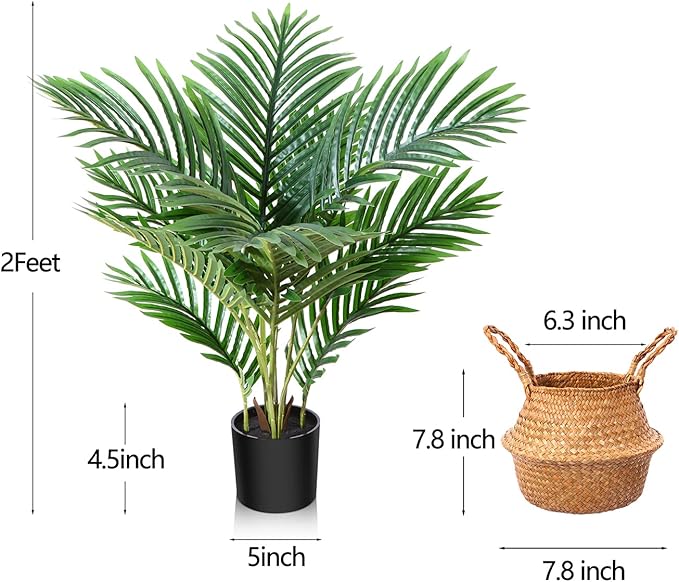 LOMANTO Fake Majesty Palm Plant 2Ft Artificial Plants for Home Decor Indoor Small Faux Trees in Pot Fake Tropical Plants for Housewarming Gift 2Pack