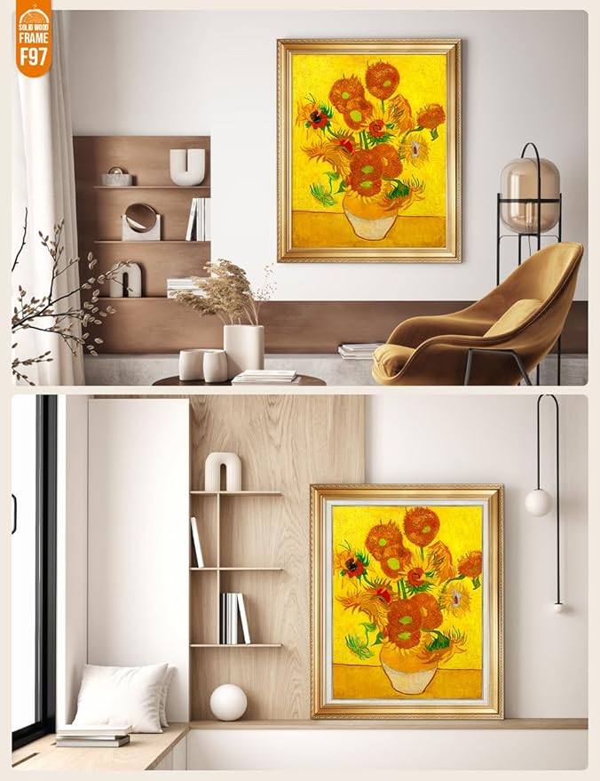 DECORARTS - Sunflowers, Vincent Van Gogh Art Reproduction. Acid Free Cotton Canvas Giclee Print w/Bronze Frame&Mat for Wall Decor.