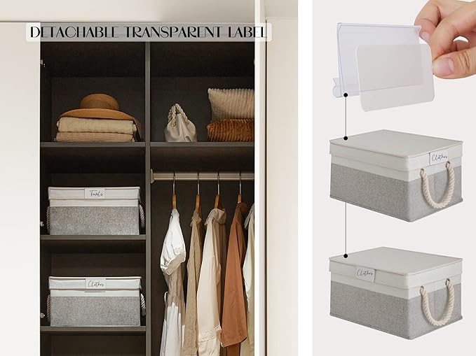LoforHoney Home Fabric Storage Bins with Lids for Organizing, Foldable Closet Storage Boxes for Shelves, Clothes Baskets with Cotton Rope Handles, Large, Beige & Gray, 2-Pack