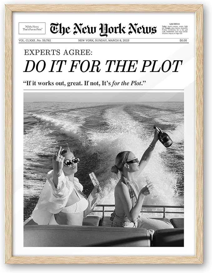 iHery Natural OAK Wood Hot Girls Newspaper Trendy Framed Wall Art, 12x16 in Vintage Headline Canvas Print, Beige Logs Retro, Do it for The Plot, Set of 1 Apartment Funny Girly Dorm Room Bedroom